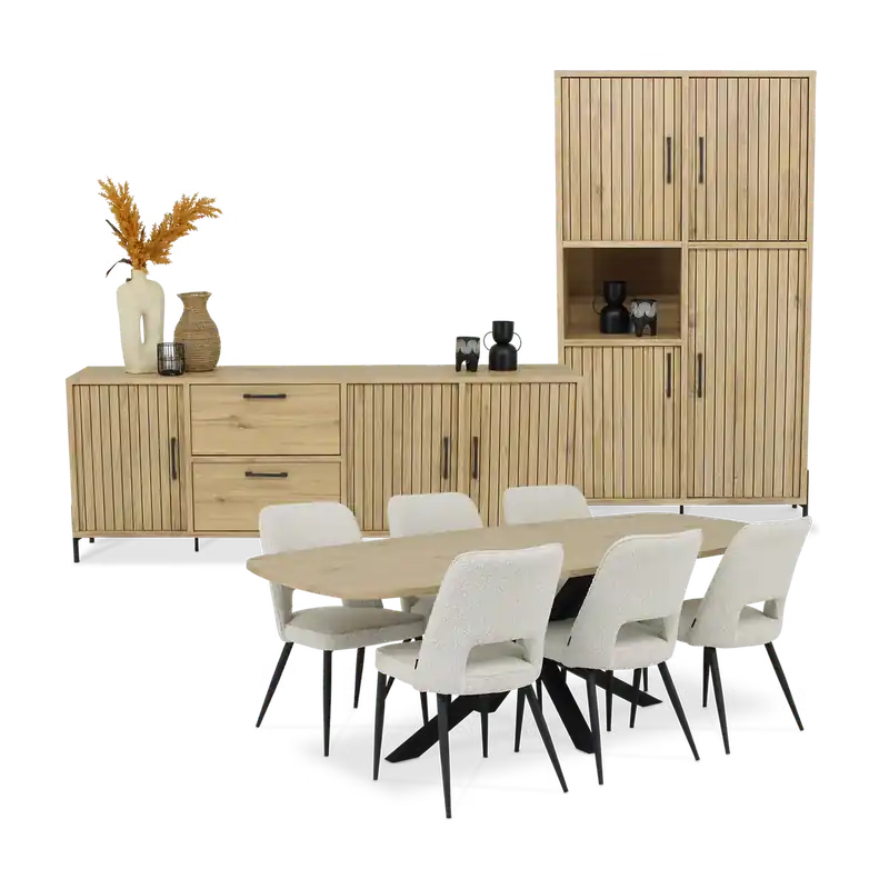 Eetkamer JAKARTA Dressoir + Barkast + Tafel 225x100 + 4x stoelen ALICIA Touch Pearl