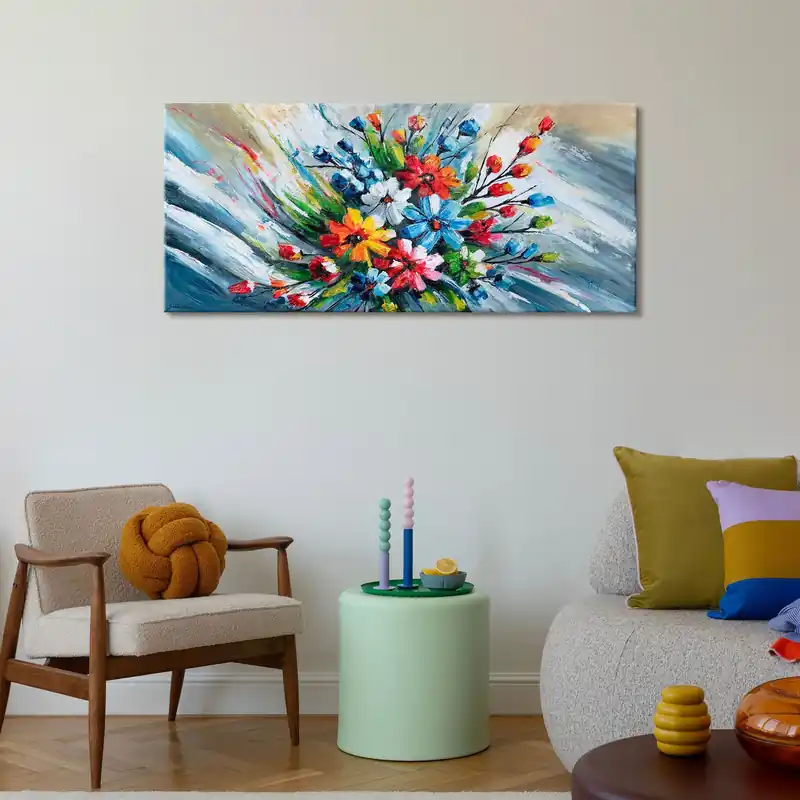 Abstract acryl schilderij bloemen – handgeschilderde bloemenmuurdecoratie op canvas "Bright Bouquet" 115x50cm