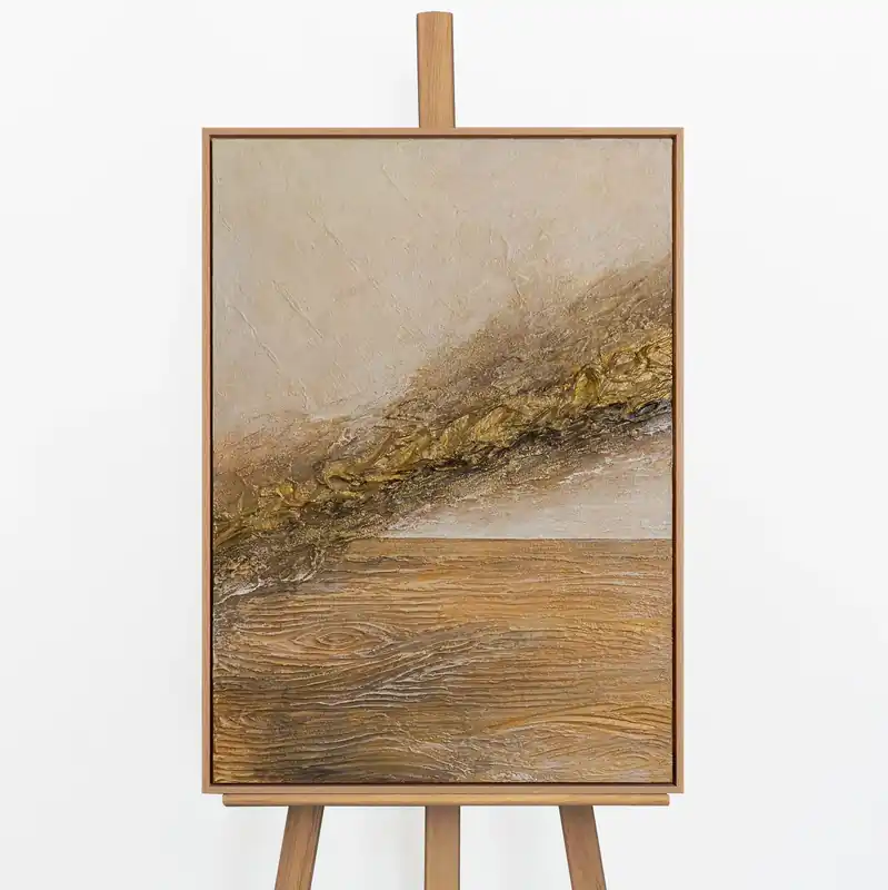 „Goldene Welle" – Abstraktes Strukturgemälde handgemalt mit Rahmen, 50x70 cm Hochformat