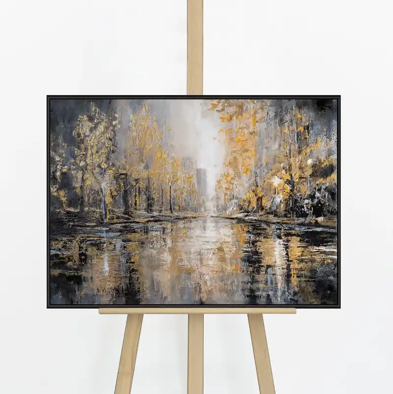 „Herbstpark" – Goldenes Stadtpark Gemälde handgemalt mit Rahmen, 50x70 cm