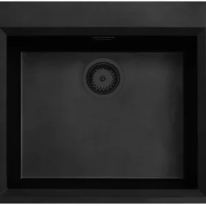 Zwarte opbouw spoelbak 58x53cm met kraangatbank met zwarte plug 1208956761