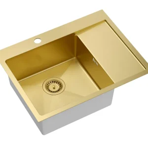 Aquadesign Clara Spoelbak Goud 62x48cm Opbouw of Vlakinbouw met Afdruiprek, Kraangatbank en Gouden Plug - 1208969502